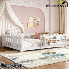 Bellemave® Floor Bed with Rails & Slats, Montessori Floor Bed with Bookshelf, Fence & Lights, Low Profile Montessori Beds Frame for Girls, Boys - Bellemave