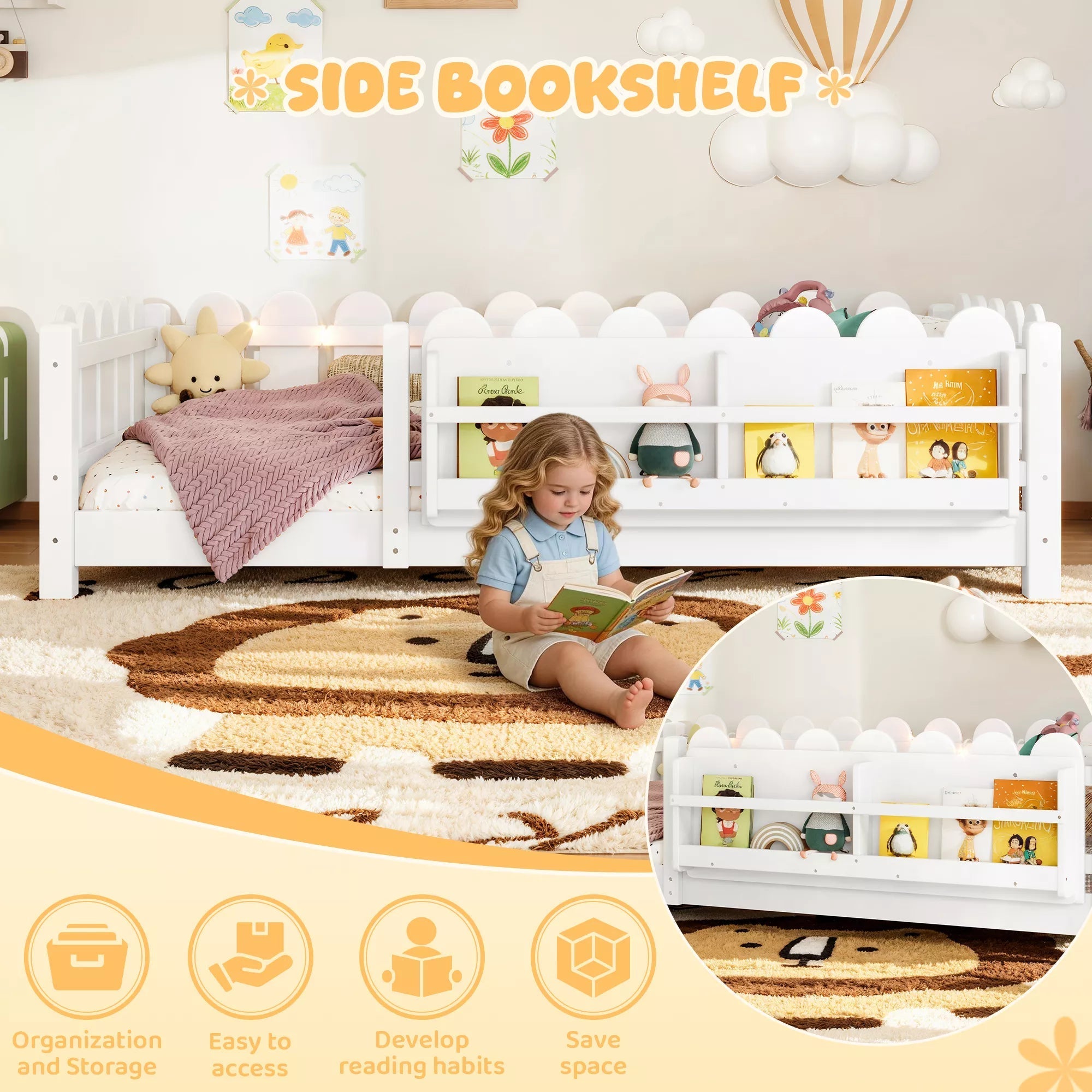 Bellemave® Floor Bed with Rails & Slats, Montessori Floor Bed with Bookshelf, Fence & Lights, Low Profile Montessori Beds Frame for Girls, Boys - Bellemave