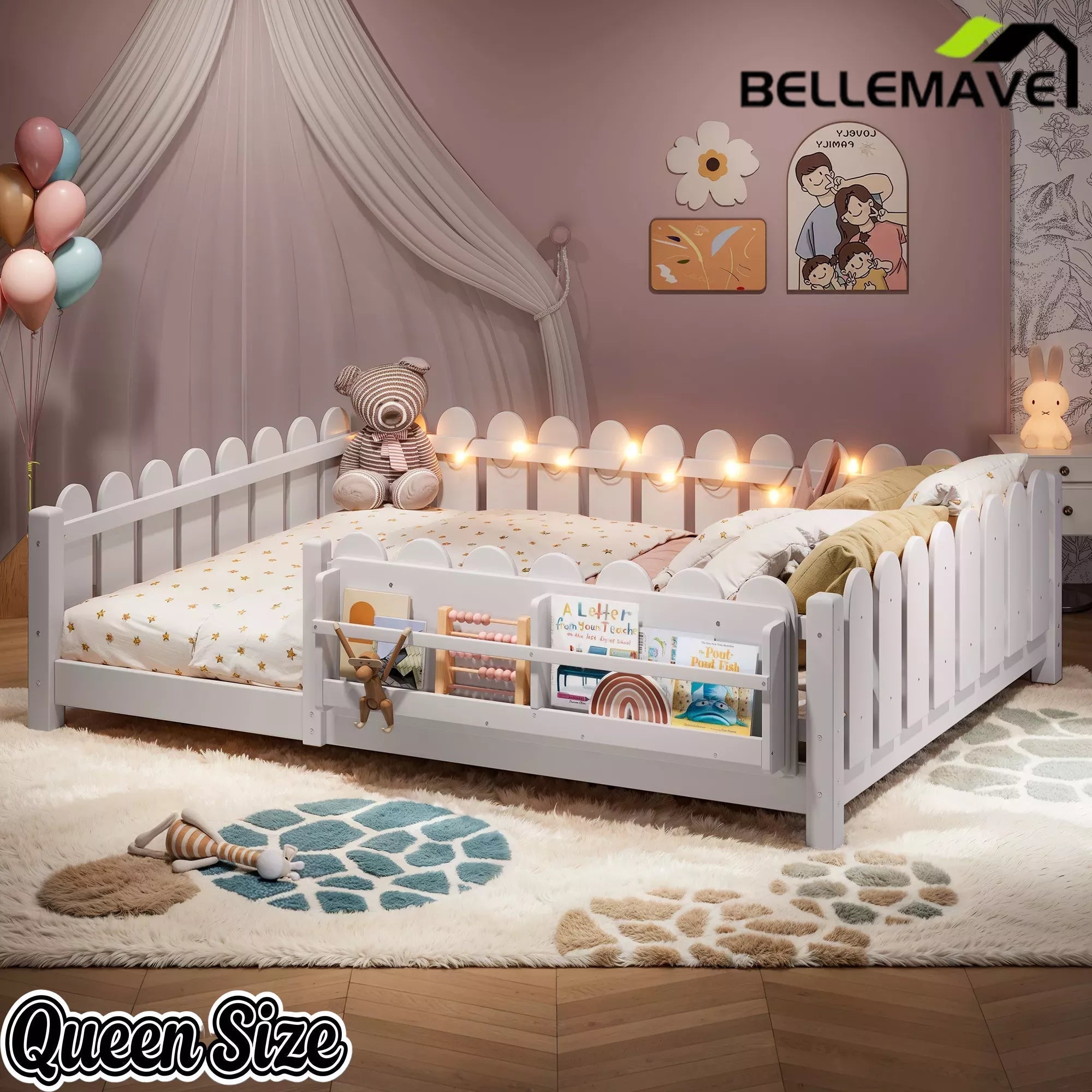 Bellemave® Floor Bed with Rails & Slats, Montessori Floor Bed with Bookshelf, Fence & Lights, Low Profile Montessori Beds Frame for Girls, Boys - Bellemave