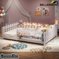 Bellemave® Floor Bed with Rails & Slats, Montessori Floor Bed with Bookshelf, Fence & Lights, Low Profile Montessori Beds Frame for Girls, Boys - Bellemave