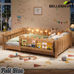Bellemave® Floor Bed with Rails & Slats, Montessori Floor Bed with Bookshelf, Fence & Lights, Low Profile Montessori Beds Frame for Girls, Boys - Bellemave