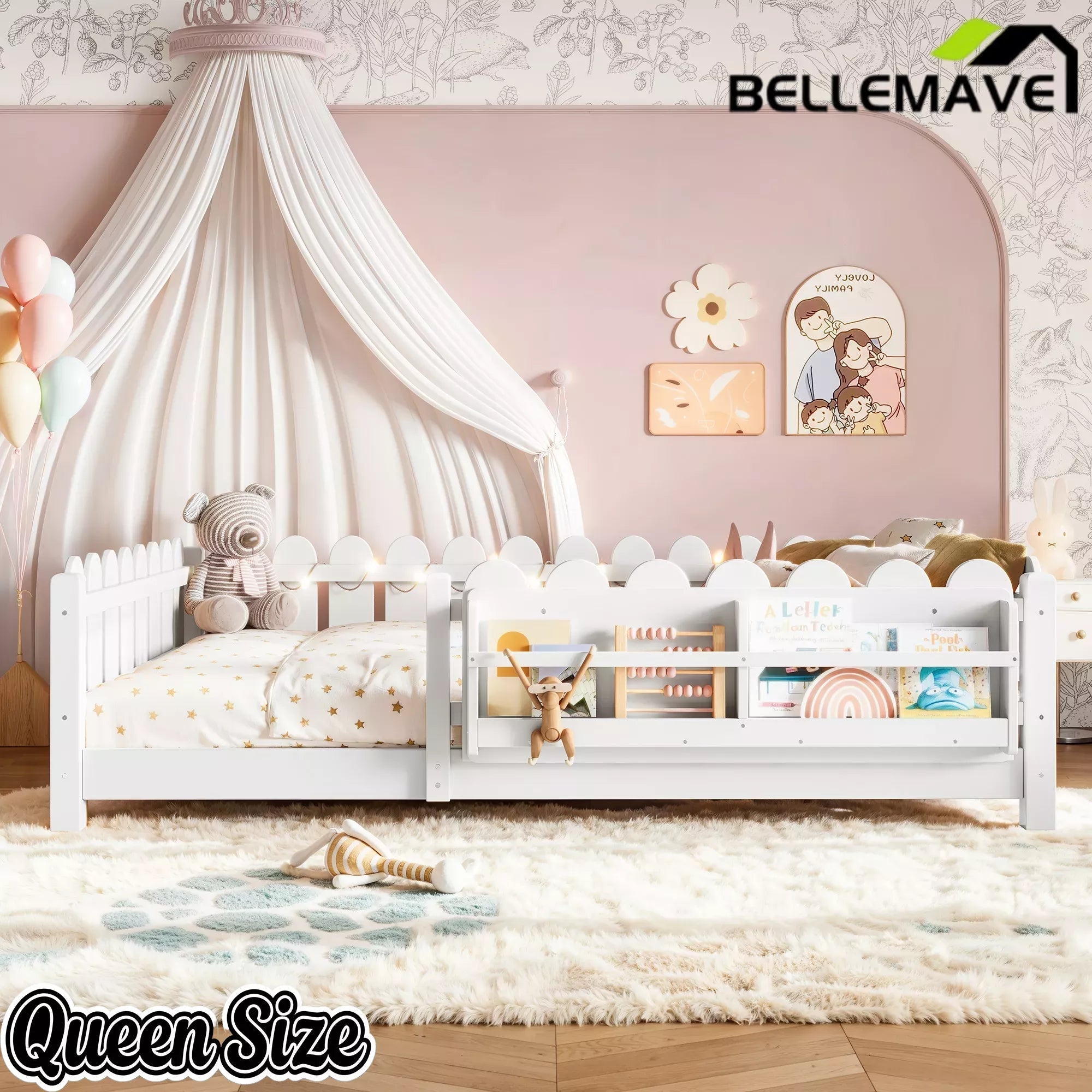 Bellemave® Floor Bed with Rails & Slats, Montessori Floor Bed with Bookshelf, Fence & Lights, Low Profile Montessori Beds Frame for Girls, Boys - Bellemave