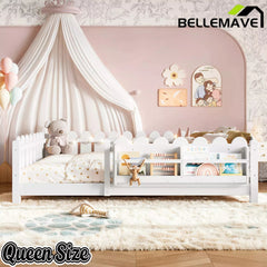 Bellemave® Floor Bed with Rails & Slats, Montessori Floor Bed with Bookshelf, Fence & Lights, Low Profile Montessori Beds Frame for Girls, Boys - Bellemave