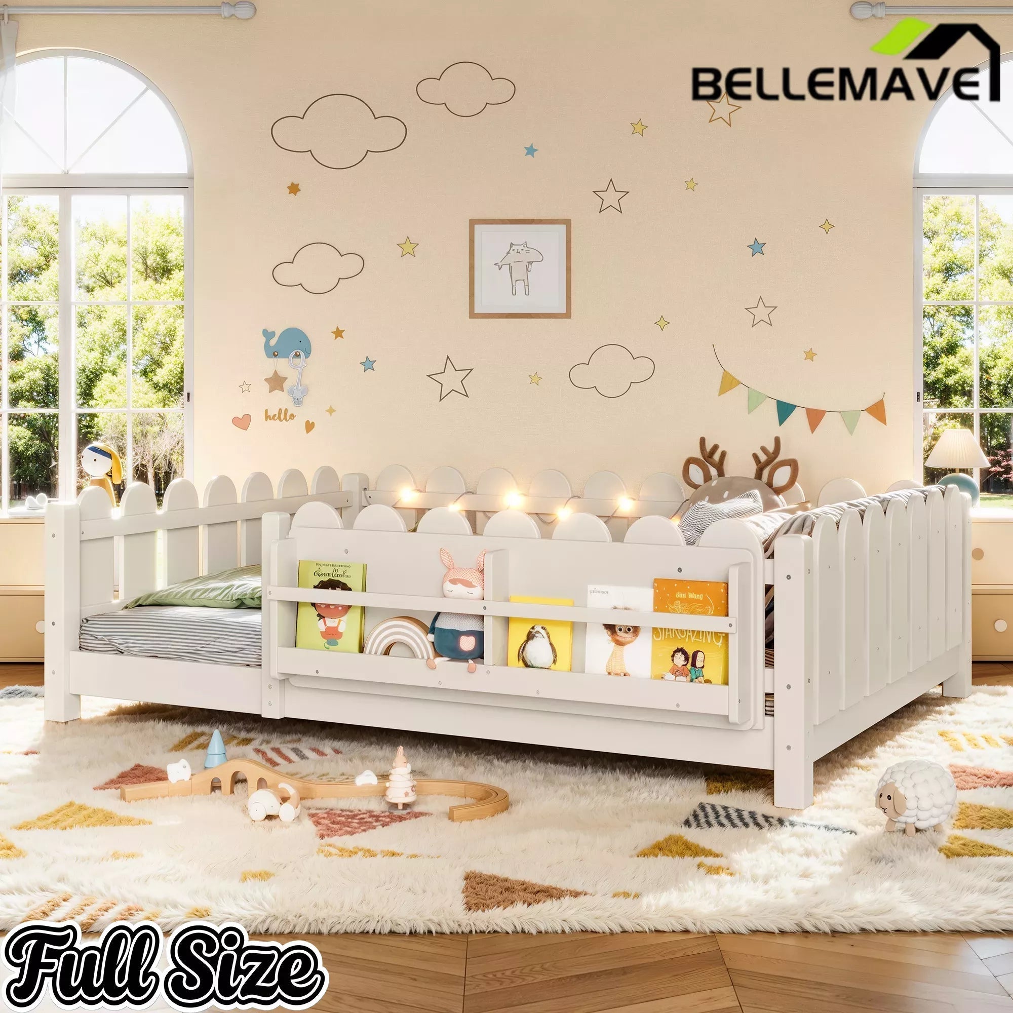 Bellemave® Floor Bed with Rails & Slats, Montessori Floor Bed with Bookshelf, Fence & Lights, Low Profile Montessori Beds Frame for Girls, Boys - Bellemave