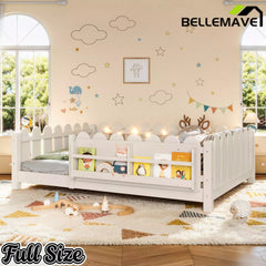 Bellemave® Floor Bed with Rails & Slats, Montessori Floor Bed with Bookshelf, Fence & Lights, Low Profile Montessori Beds Frame for Girls, Boys - Bellemave