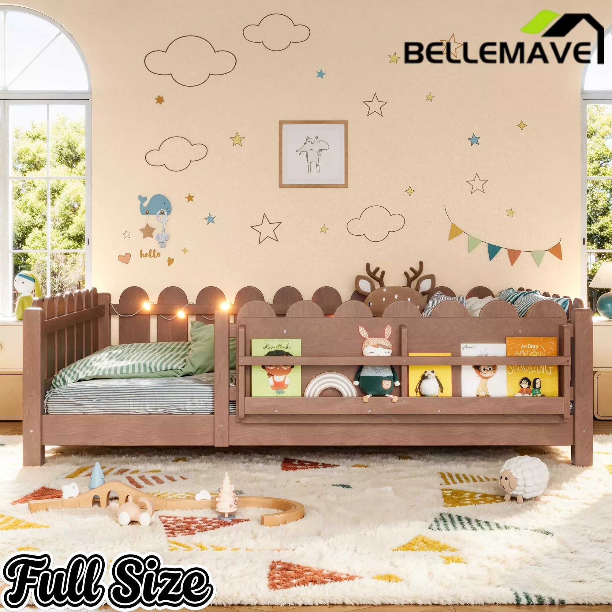 Bellemave® Floor Bed with Rails & Slats, Montessori Floor Bed with Bookshelf, Fence & Lights, Low Profile Montessori Beds Frame for Girls, Boys - Bellemave