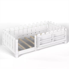 Bellemave® Floor Bed with Rails & Slats, Montessori Floor Bed with Bookshelf, Fence & Lights, Low Profile Montessori Beds Frame for Girls, Boys - Bellemave