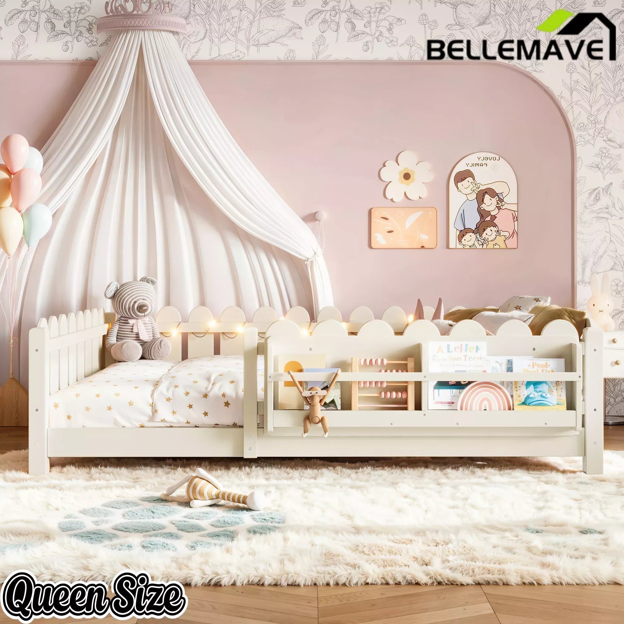 Bellemave® Floor Bed with Rails & Slats, Montessori Floor Bed with Bookshelf, Fence & Lights, Low Profile Montessori Beds Frame for Girls, Boys - Bellemave
