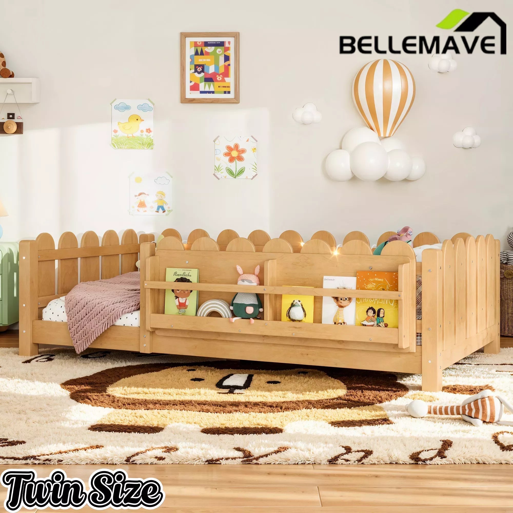 Bellemave® Floor Bed with Rails & Slats, Montessori Floor Bed with Bookshelf, Fence & Lights, Low Profile Montessori Beds Frame for Girls, Boys - Bellemave