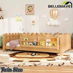 Bellemave® Floor Bed with Rails & Slats, Montessori Floor Bed with Bookshelf, Fence & Lights, Low Profile Montessori Beds Frame for Girls, Boys - Bellemave