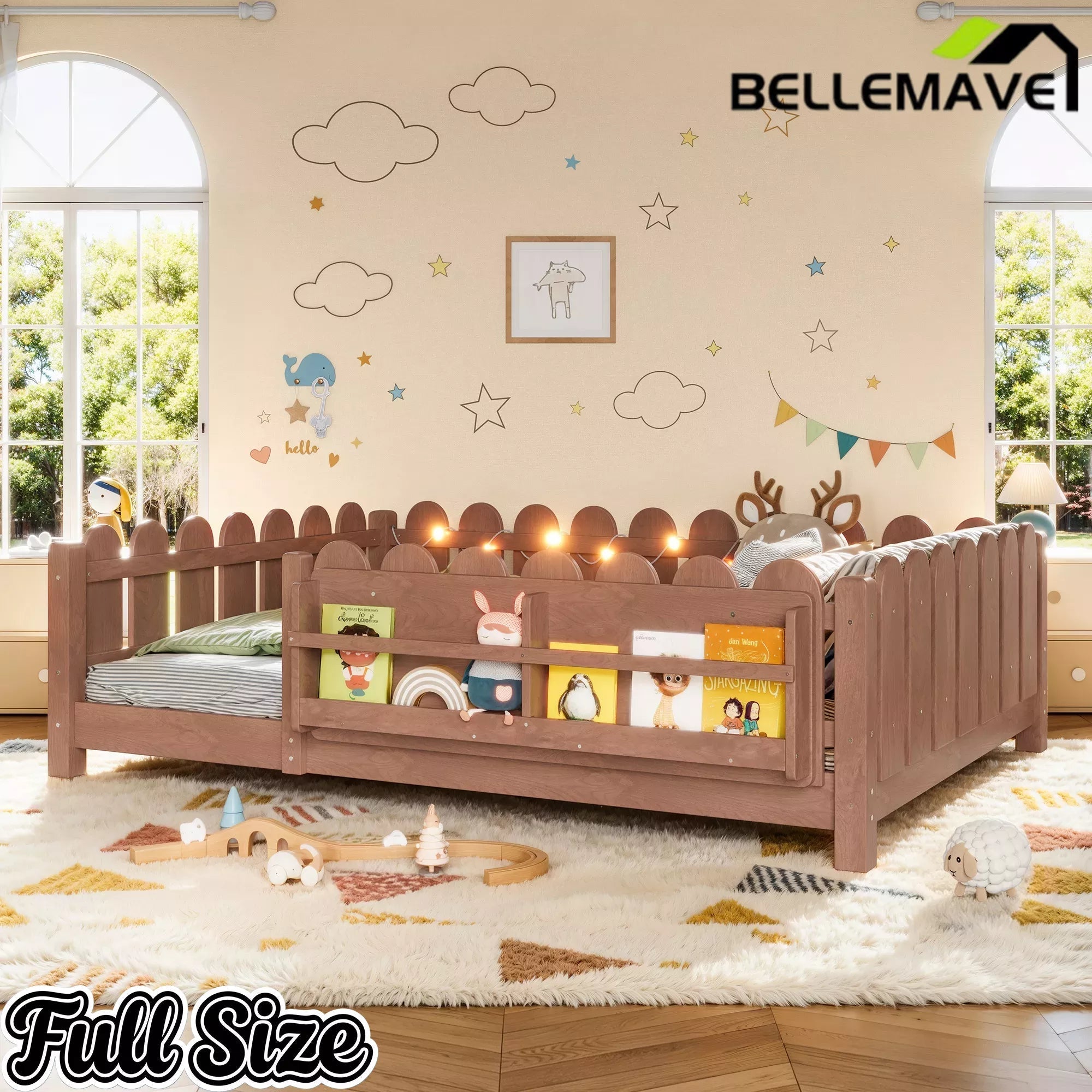 Bellemave® Floor Bed with Rails & Slats, Montessori Floor Bed with Bookshelf, Fence & Lights, Low Profile Montessori Beds Frame for Girls, Boys - Bellemave
