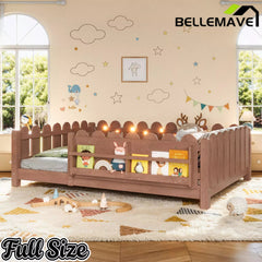 Bellemave® Floor Bed with Rails & Slats, Montessori Floor Bed with Bookshelf, Fence & Lights, Low Profile Montessori Beds Frame for Girls, Boys - Bellemave
