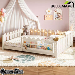 Bellemave® Floor Bed with Rails & Slats, Montessori Floor Bed with Bookshelf, Fence & Lights, Low Profile Montessori Beds Frame for Girls, Boys - Bellemave