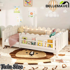 Bellemave® Floor Bed with Rails & Slats, Montessori Floor Bed with Bookshelf, Fence & Lights, Low Profile Montessori Beds Frame for Girls, Boys - Bellemave