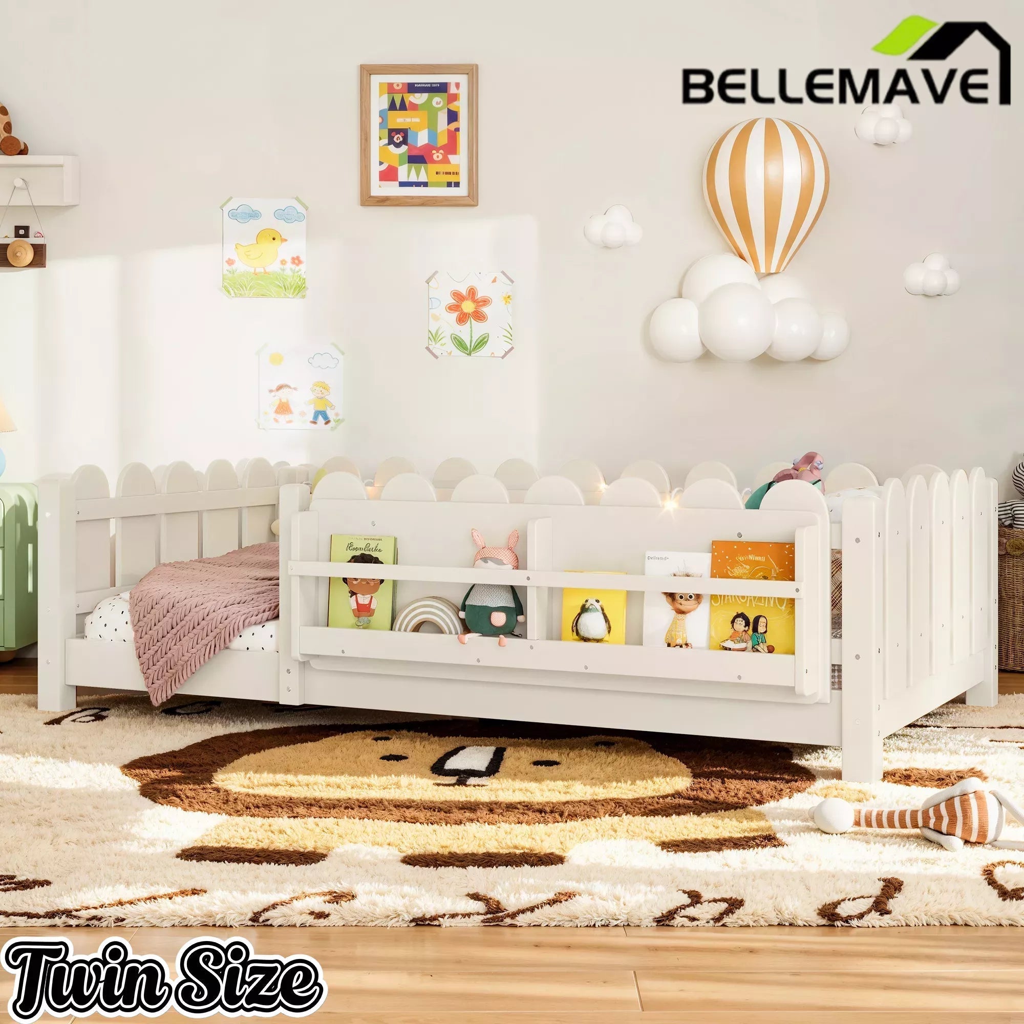 Bellemave® Floor Bed with Rails & Slats, Montessori Floor Bed with Bookshelf, Fence & Lights, Low Profile Montessori Beds Frame for Girls, Boys - Bellemave
