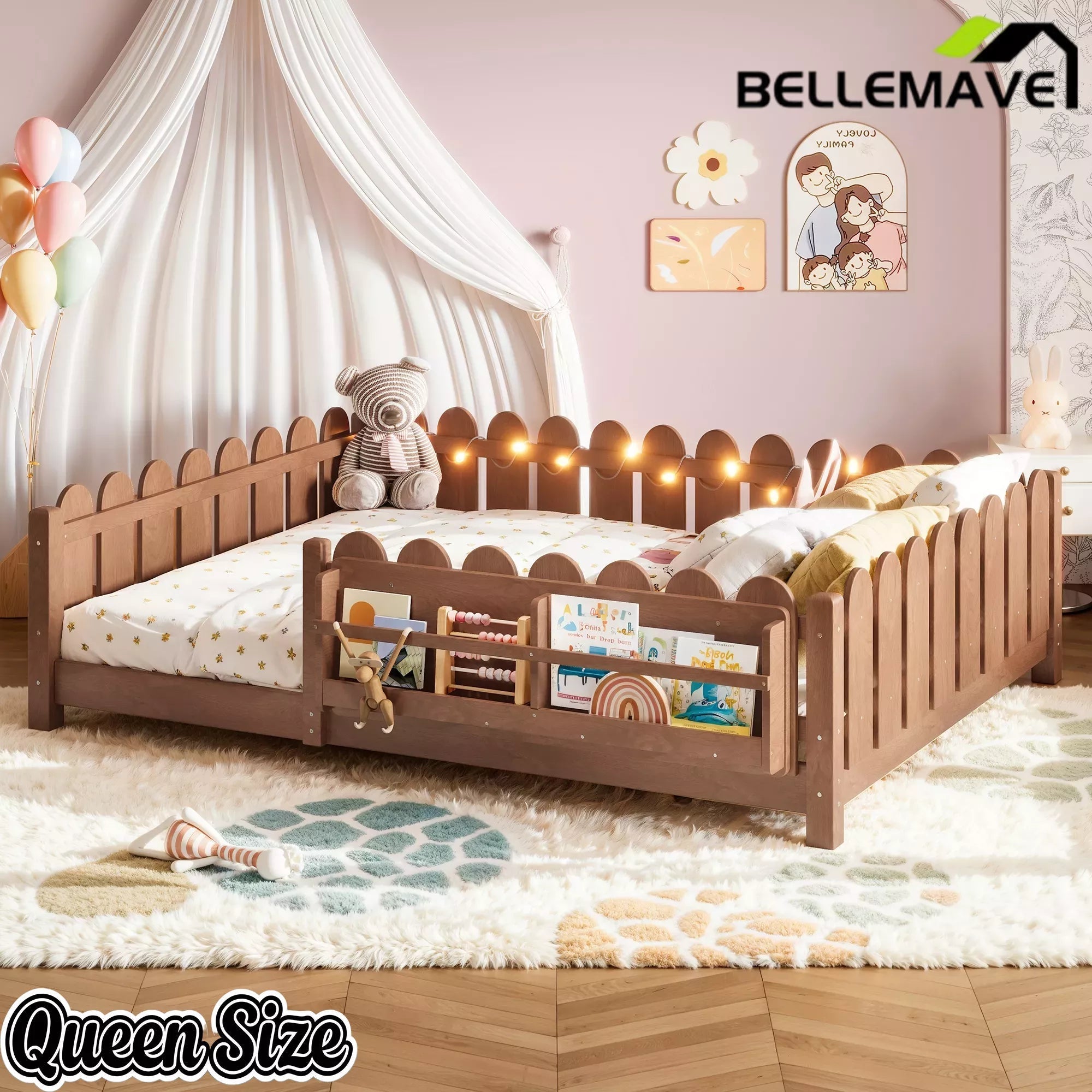 Bellemave® Floor Bed with Rails & Slats, Montessori Floor Bed with Bookshelf, Fence & Lights, Low Profile Montessori Beds Frame for Girls, Boys - Bellemave