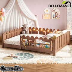 Bellemave® Floor Bed with Rails & Slats, Montessori Floor Bed with Bookshelf, Fence & Lights, Low Profile Montessori Beds Frame for Girls, Boys - Bellemave