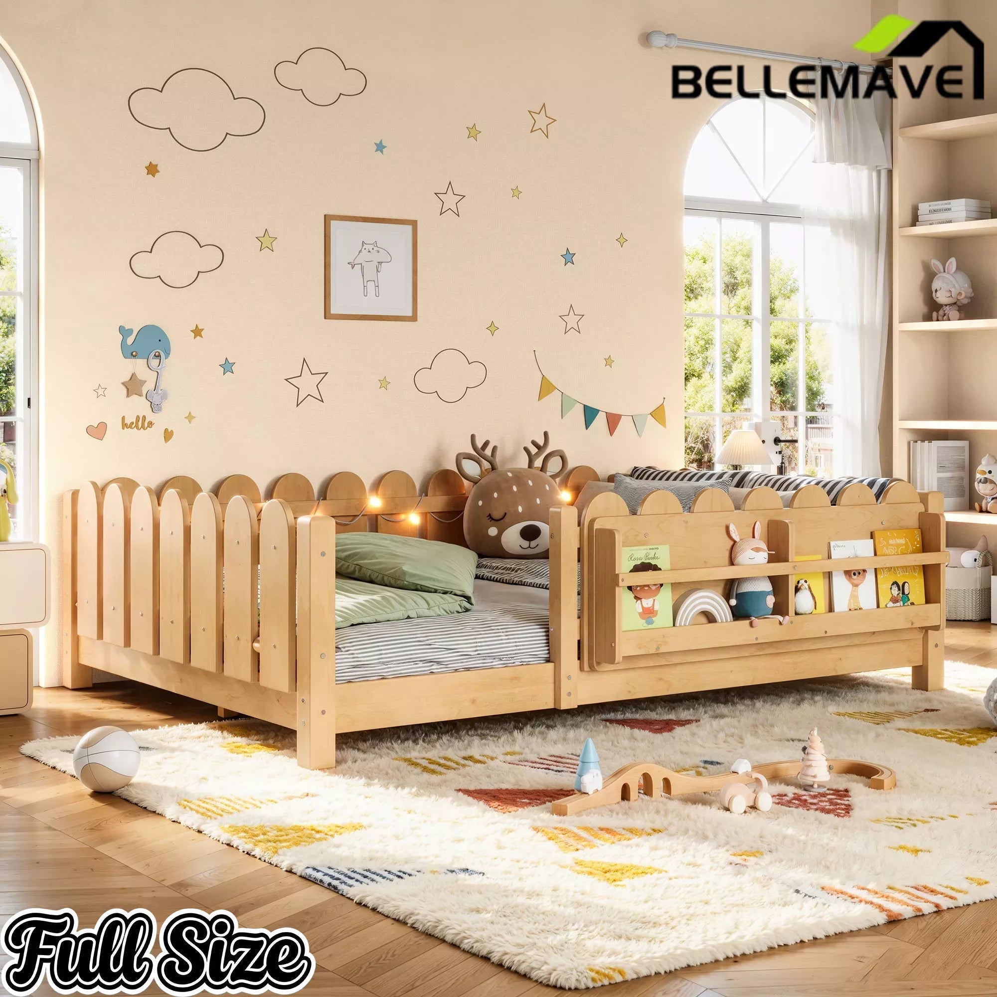Bellemave® Floor Bed with Rails & Slats, Montessori Floor Bed with Bookshelf, Fence & Lights, Low Profile Montessori Beds Frame for Girls, Boys - Bellemave