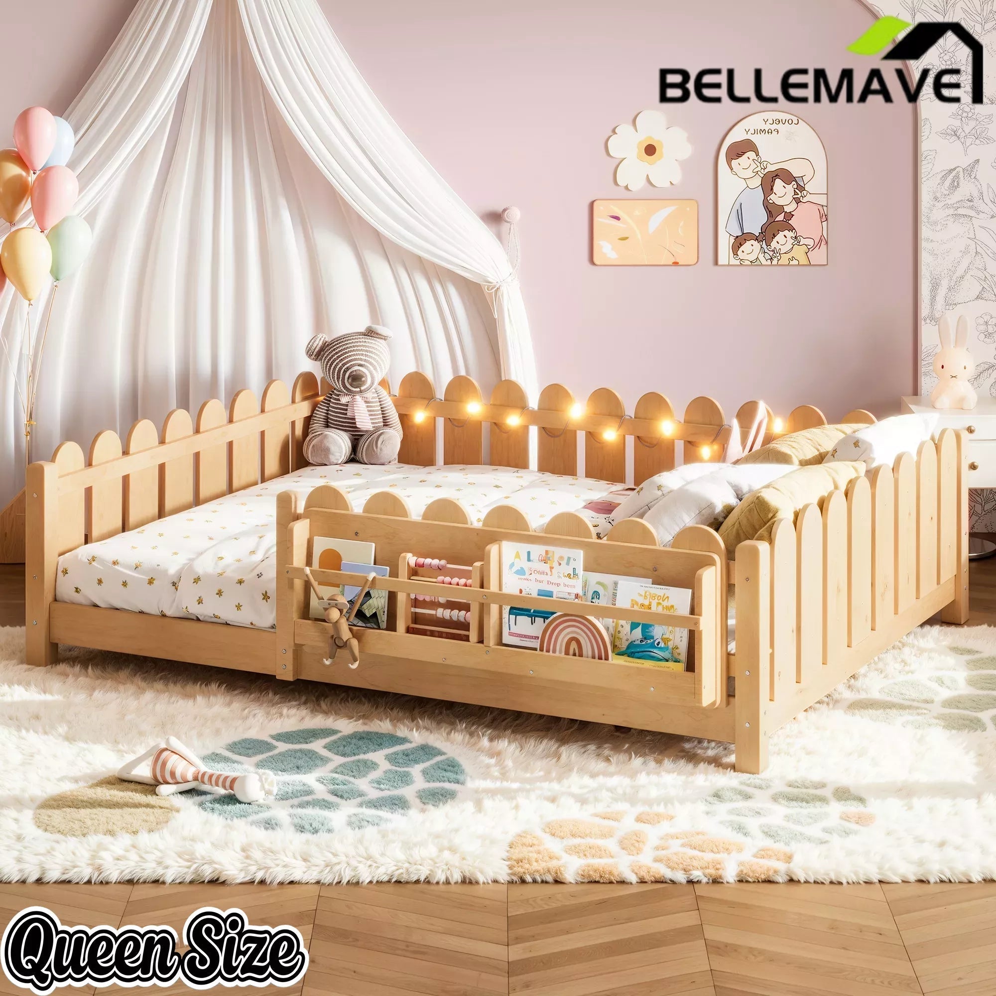 Bellemave® Floor Bed with Rails & Slats, Montessori Floor Bed with Bookshelf, Fence & Lights, Low Profile Montessori Beds Frame for Girls, Boys - Bellemave