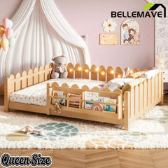 Bellemave® Floor Bed with Rails & Slats, Montessori Floor Bed with Bookshelf, Fence & Lights, Low Profile Montessori Beds Frame for Girls, Boys - Bellemave