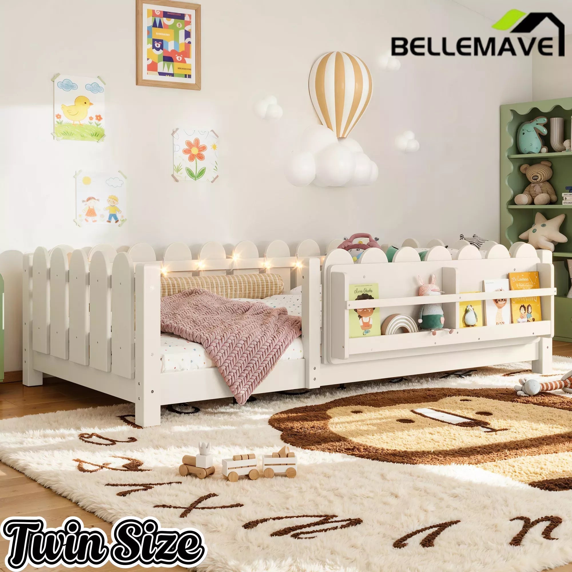 Bellemave® Floor Bed with Rails & Slats, Montessori Floor Bed with Bookshelf, Fence & Lights, Low Profile Montessori Beds Frame for Girls, Boys - Bellemave