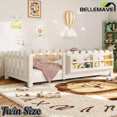 Bellemave® Floor Bed with Rails & Slats, Montessori Floor Bed with Bookshelf, Fence & Lights, Low Profile Montessori Beds Frame for Girls, Boys - Bellemave