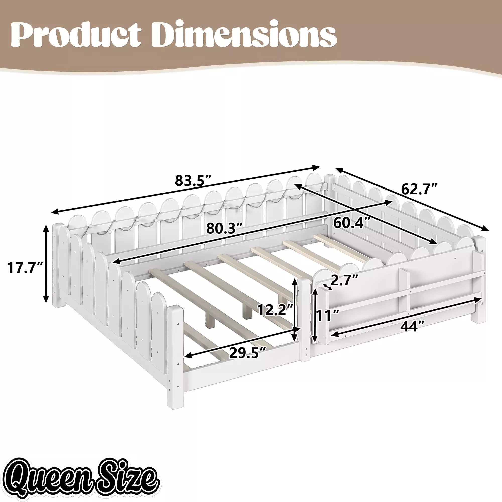 Bellemave® Floor Bed with Rails & Slats, Montessori Floor Bed with Bookshelf, Fence & Lights, Low Profile Montessori Beds Frame for Girls, Boys - Bellemave