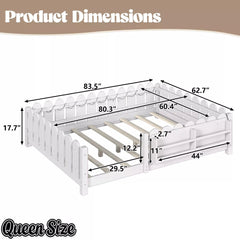Bellemave® Floor Bed with Rails & Slats, Montessori Floor Bed with Bookshelf, Fence & Lights, Low Profile Montessori Beds Frame for Girls, Boys - Bellemave