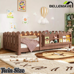 Bellemave® Floor Bed with Rails & Slats, Montessori Floor Bed with Bookshelf, Fence & Lights, Low Profile Montessori Beds Frame for Girls, Boys - Bellemave
