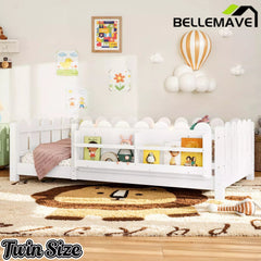 Bellemave® Floor Bed with Rails & Slats, Montessori Floor Bed with Bookshelf, Fence & Lights, Low Profile Montessori Beds Frame for Girls, Boys - Bellemave
