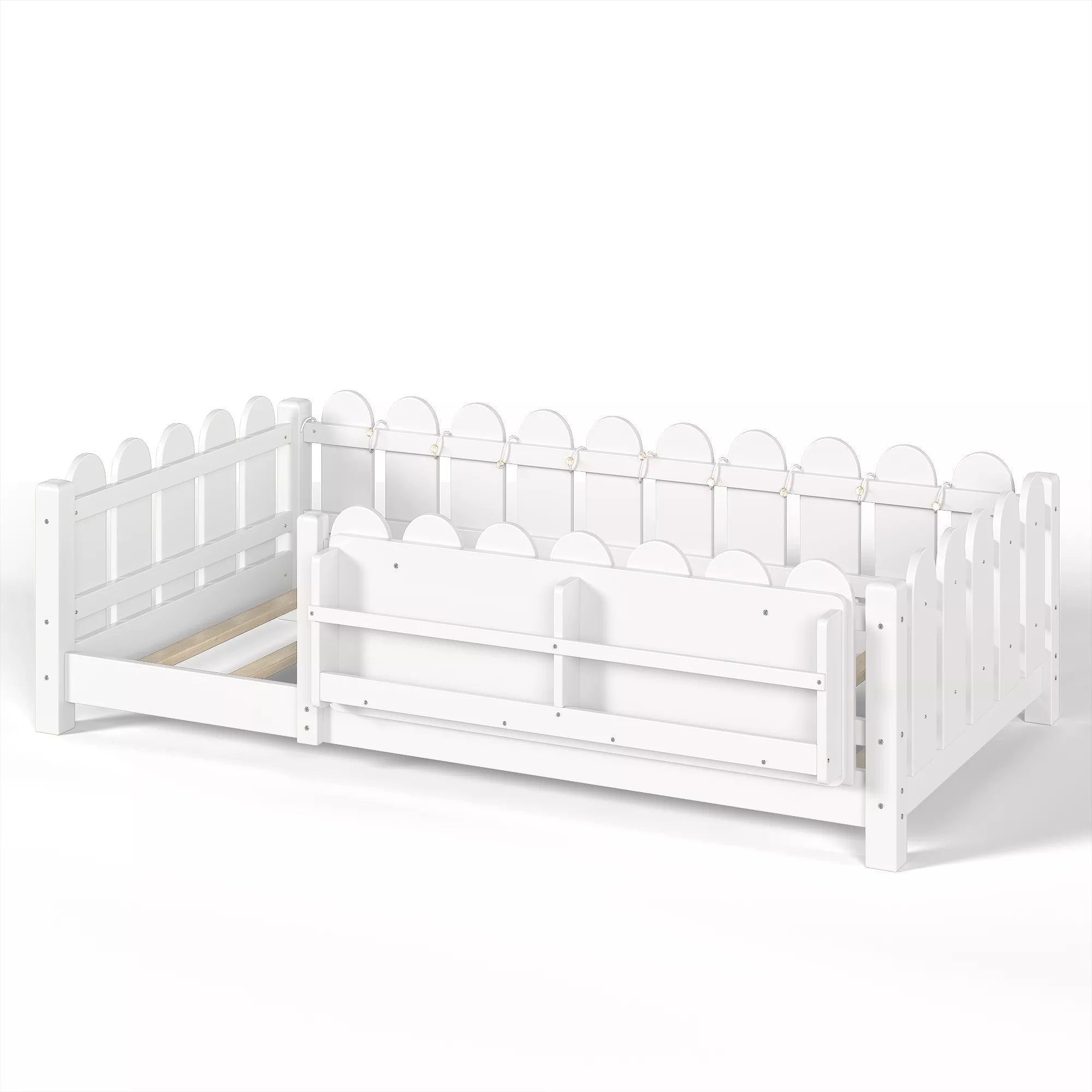 Bellemave® Floor Bed with Rails & Slats, Montessori Floor Bed with Bookshelf, Fence & Lights, Low Profile Montessori Beds Frame for Girls, Boys - Bellemave