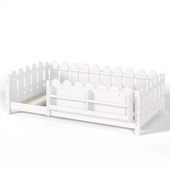 Bellemave® Floor Bed with Rails & Slats, Montessori Floor Bed with Bookshelf, Fence & Lights, Low Profile Montessori Beds Frame for Girls, Boys - Bellemave