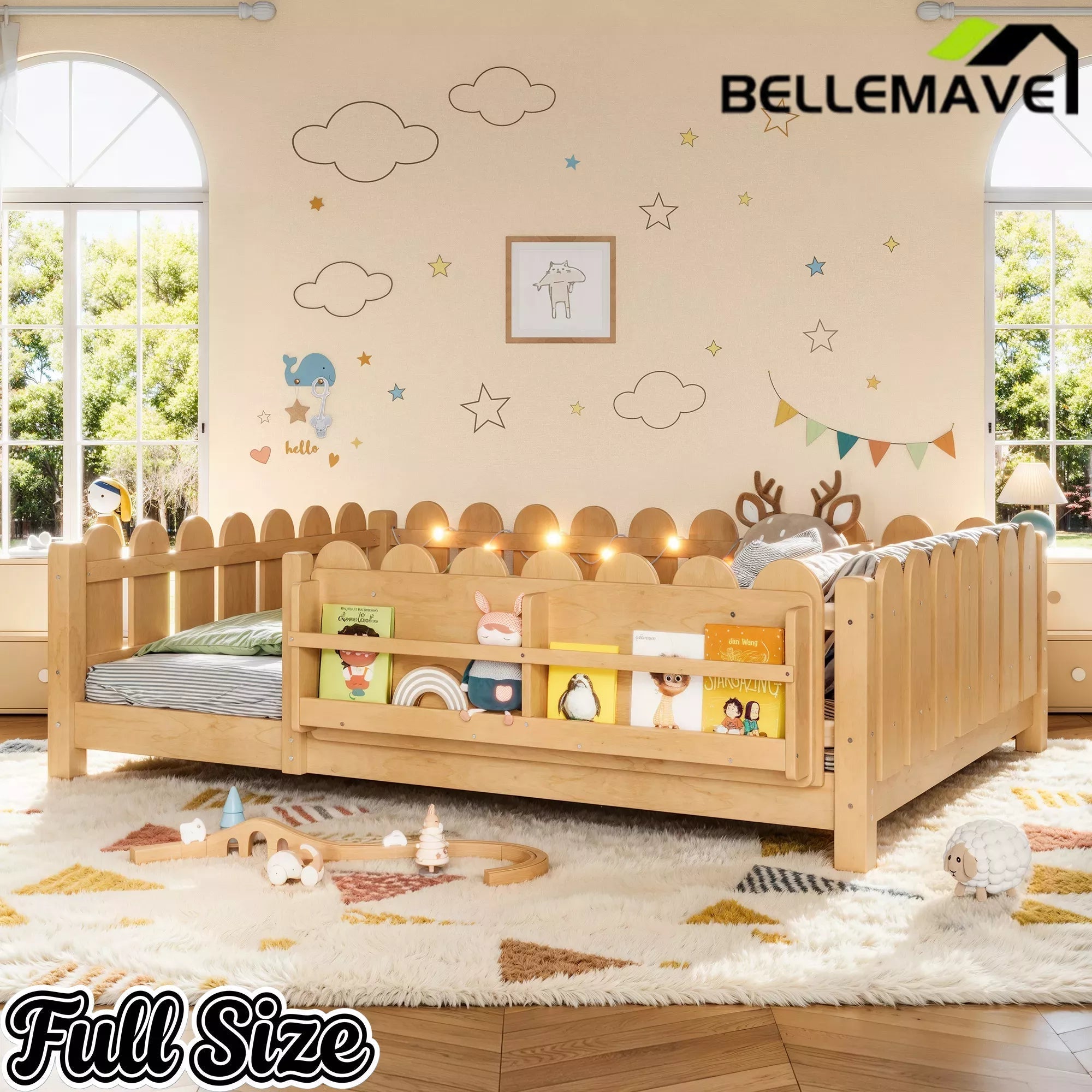 Bellemave® Floor Bed with Rails & Slats, Montessori Floor Bed with Bookshelf, Fence & Lights, Low Profile Montessori Beds Frame for Girls, Boys - Bellemave