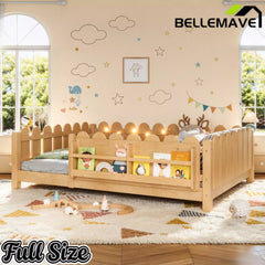 Bellemave® Floor Bed with Rails & Slats, Montessori Floor Bed with Bookshelf, Fence & Lights, Low Profile Montessori Beds Frame for Girls, Boys - Bellemave