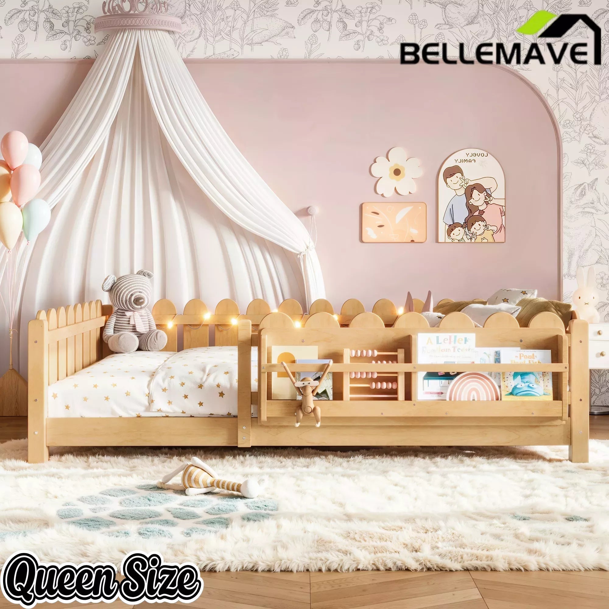 Bellemave® Floor Bed with Rails & Slats, Montessori Floor Bed with Bookshelf, Fence & Lights, Low Profile Montessori Beds Frame for Girls, Boys - Bellemave