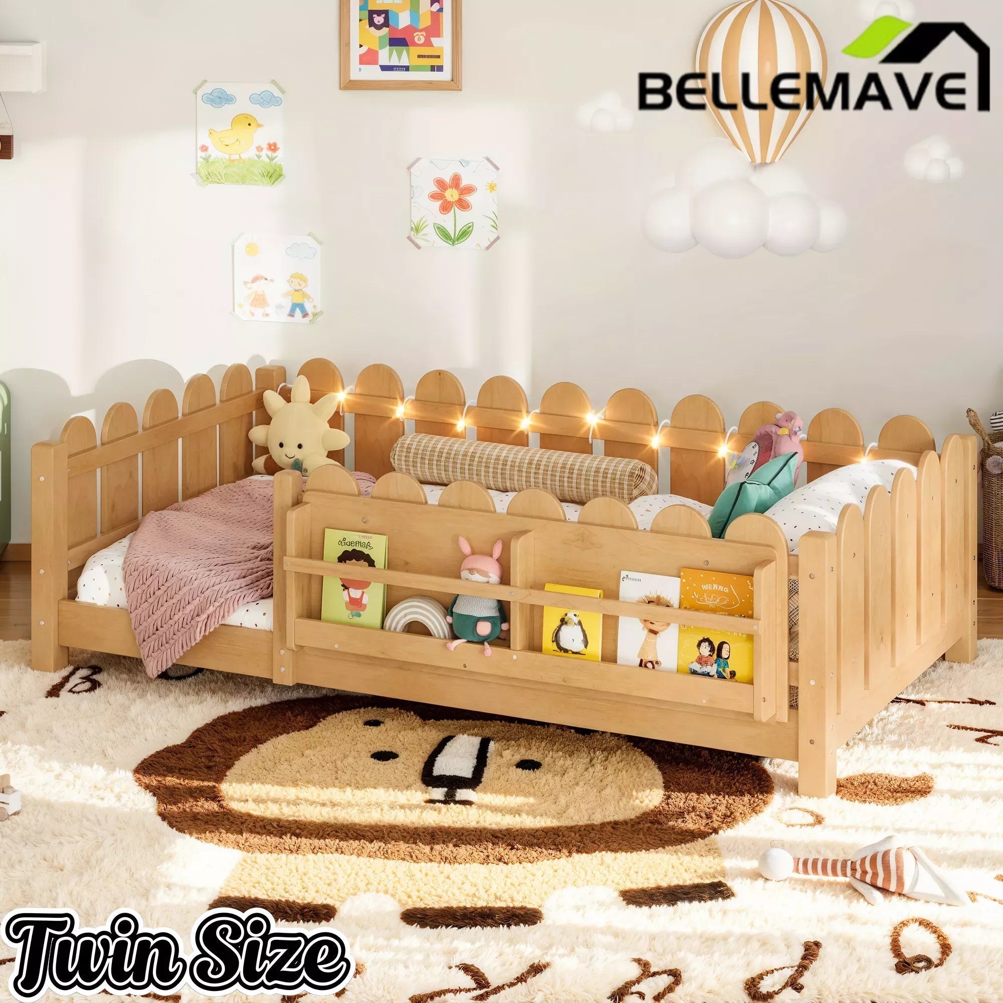Bellemave® Floor Bed with Rails & Slats, Montessori Floor Bed with Bookshelf, Fence & Lights, Low Profile Montessori Beds Frame for Girls, Boys - Bellemave