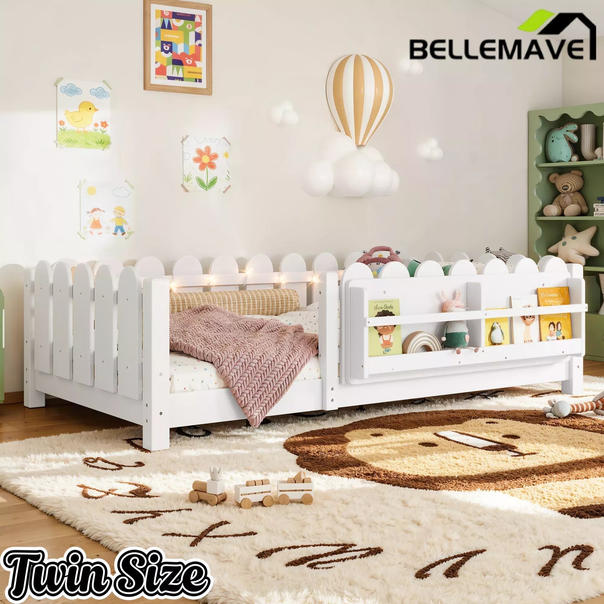 Bellemave® Floor Bed with Rails & Slats, Montessori Floor Bed with Bookshelf, Fence & Lights, Low Profile Montessori Beds Frame for Girls, Boys - Bellemave