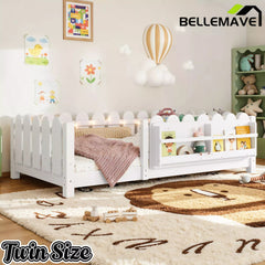 Bellemave® Floor Bed with Rails & Slats, Montessori Floor Bed with Bookshelf, Fence & Lights, Low Profile Montessori Beds Frame for Girls, Boys - Bellemave
