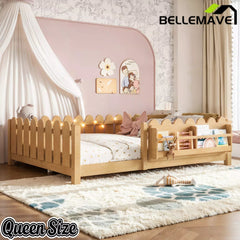 Bellemave® Floor Bed with Rails & Slats, Montessori Floor Bed with Bookshelf, Fence & Lights, Low Profile Montessori Beds Frame for Girls, Boys - Bellemave