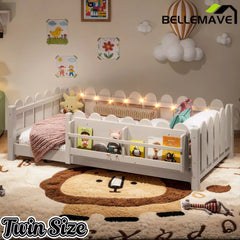 Bellemave® Floor Bed with Rails & Slats, Montessori Floor Bed with Bookshelf, Fence & Lights, Low Profile Montessori Beds Frame for Girls, Boys - Bellemave