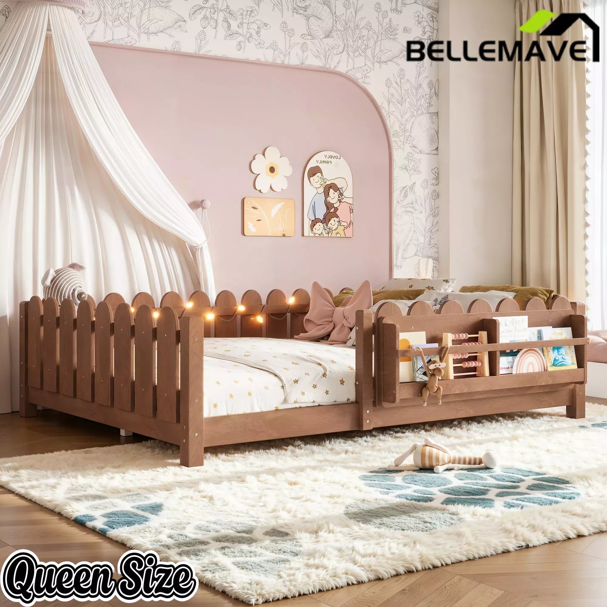 Bellemave® Floor Bed with Rails & Slats, Montessori Floor Bed with Bookshelf, Fence & Lights, Low Profile Montessori Beds Frame for Girls, Boys - Bellemave
