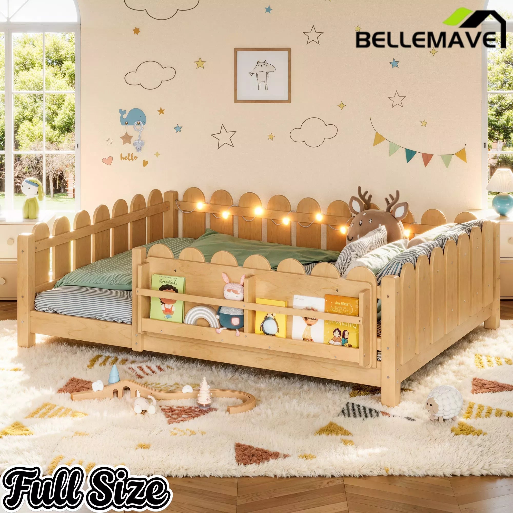 Bellemave® Floor Bed with Rails & Slats, Montessori Floor Bed with Bookshelf, Fence & Lights, Low Profile Montessori Beds Frame for Girls, Boys - Bellemave