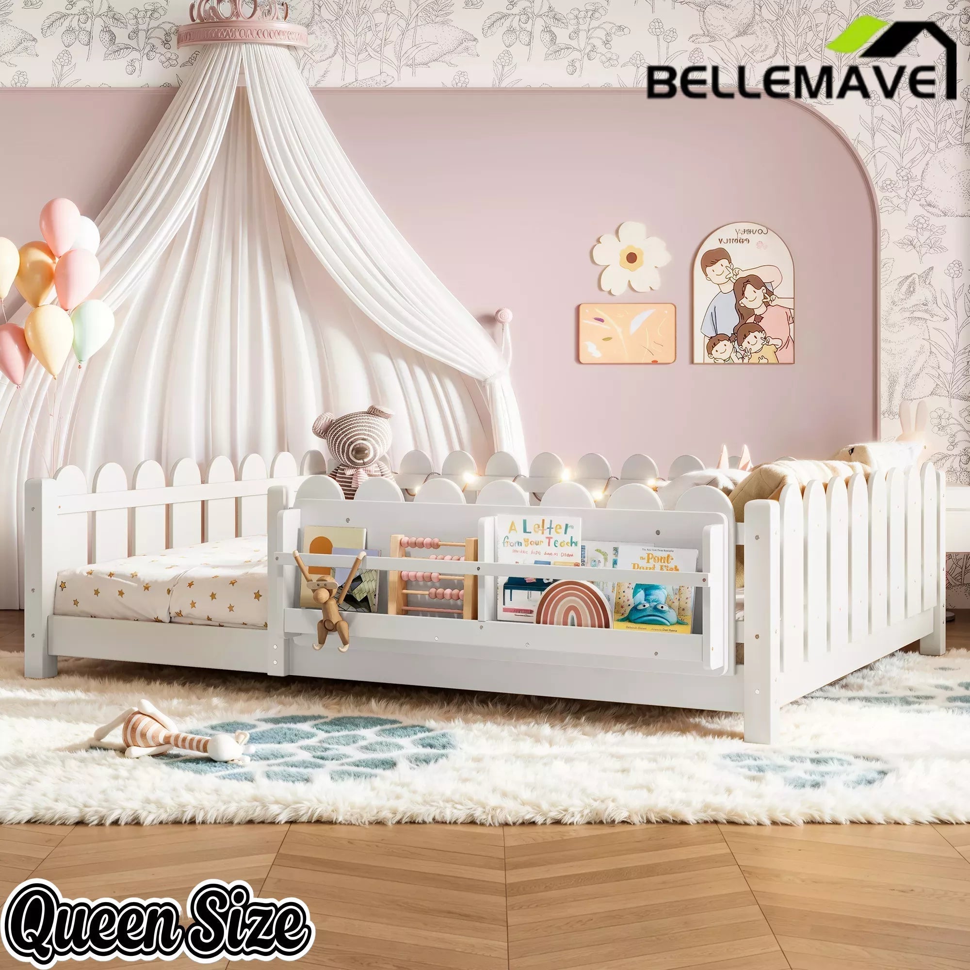 Bellemave® Floor Bed with Rails & Slats, Montessori Floor Bed with Bookshelf, Fence & Lights, Low Profile Montessori Beds Frame for Girls, Boys - Bellemave