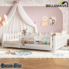 Bellemave® Floor Bed with Rails & Slats, Montessori Floor Bed with Bookshelf, Fence & Lights, Low Profile Montessori Beds Frame for Girls, Boys - Bellemave