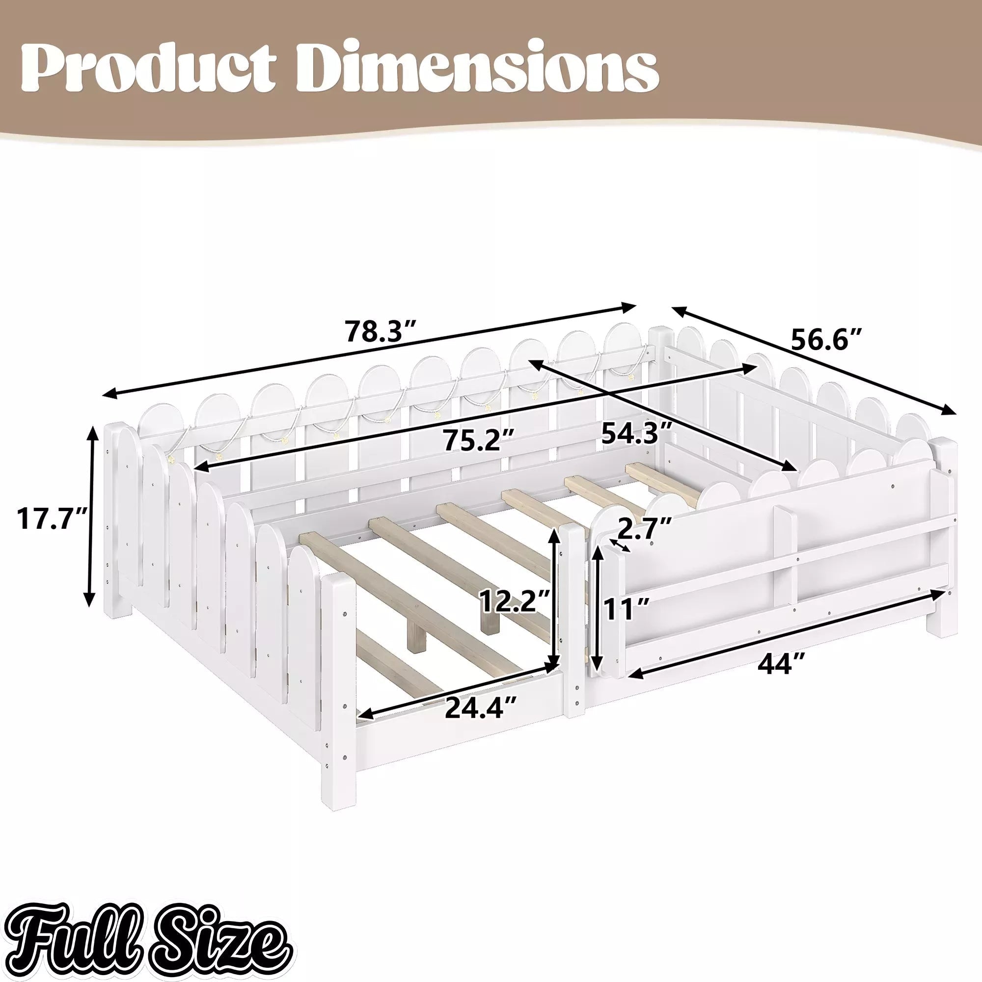 Bellemave® Floor Bed with Rails & Slats, Montessori Floor Bed with Bookshelf, Fence & Lights, Low Profile Montessori Beds Frame for Girls, Boys - Bellemave