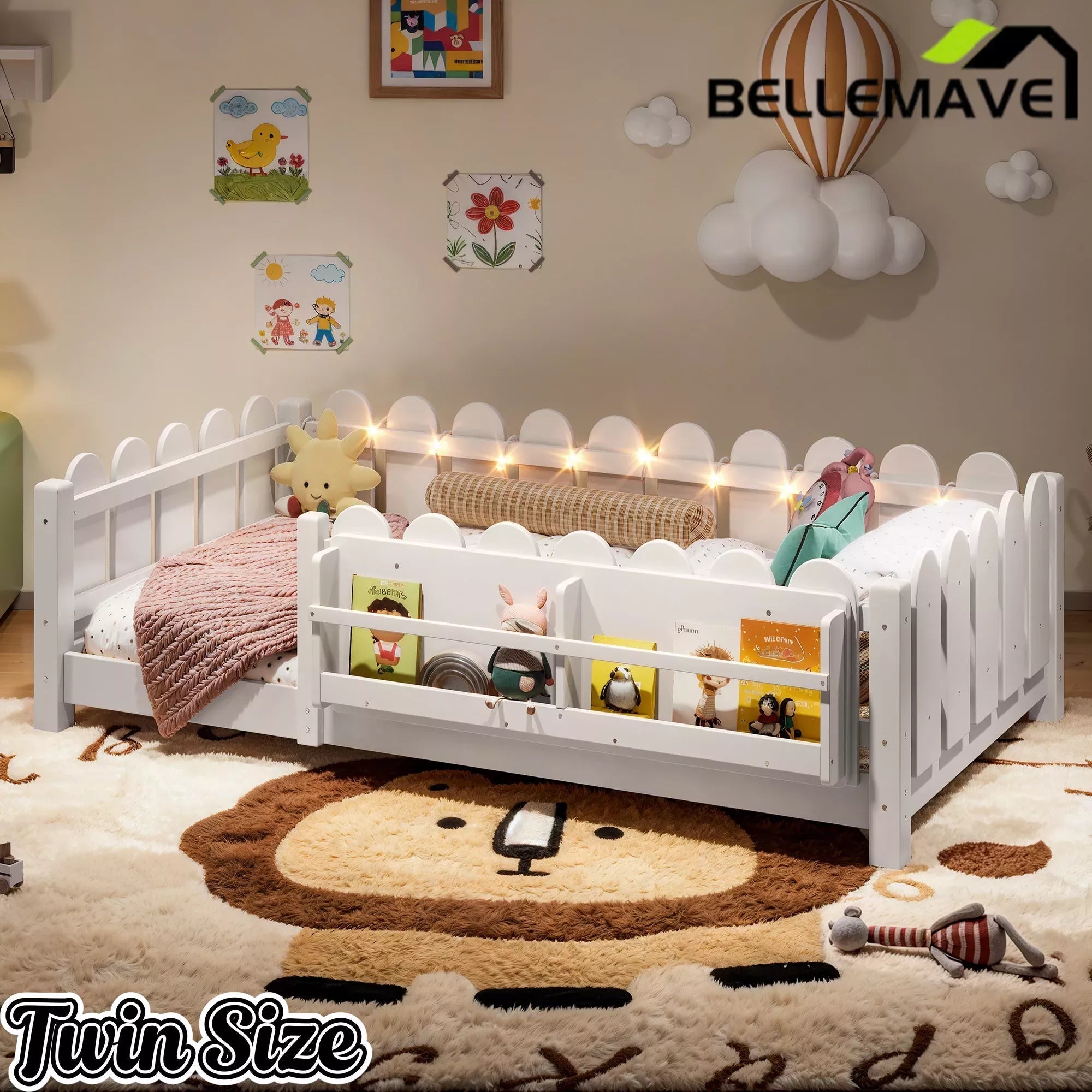 Bellemave® Floor Bed with Rails & Slats, Montessori Floor Bed with Bookshelf, Fence & Lights, Low Profile Montessori Beds Frame for Girls, Boys - Bellemave