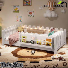 Bellemave® Floor Bed with Rails & Slats, Montessori Floor Bed with Bookshelf, Fence & Lights, Low Profile Montessori Beds Frame for Girls, Boys - Bellemave