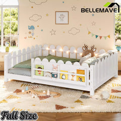 Bellemave® Floor Bed with Rails & Slats, Montessori Floor Bed with Bookshelf, Fence & Lights, Low Profile Montessori Beds Frame for Girls, Boys - Bellemave