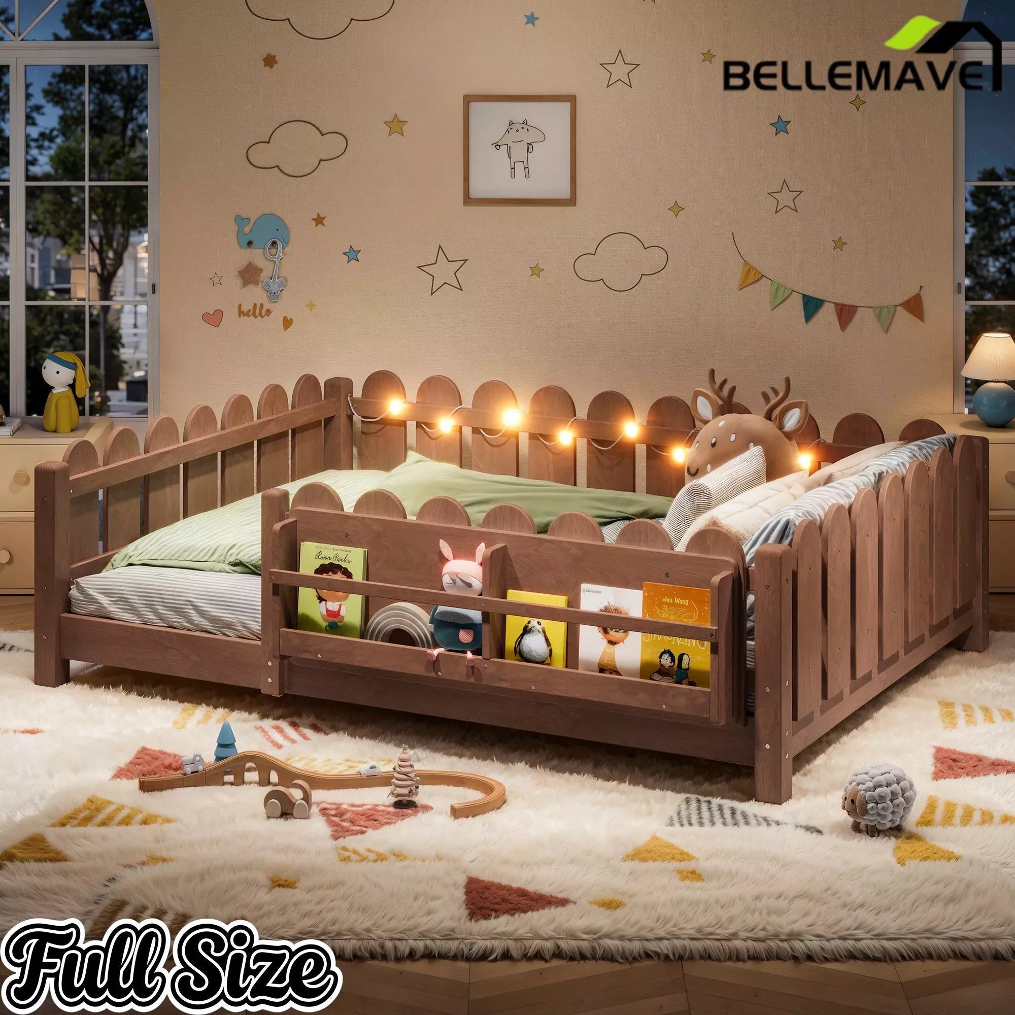 Bellemave® Floor Bed with Rails & Slats, Montessori Floor Bed with Bookshelf, Fence & Lights, Low Profile Montessori Beds Frame for Girls, Boys - Bellemave