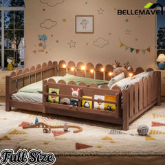 Bellemave® Floor Bed with Rails & Slats, Montessori Floor Bed with Bookshelf, Fence & Lights, Low Profile Montessori Beds Frame for Girls, Boys - Bellemave